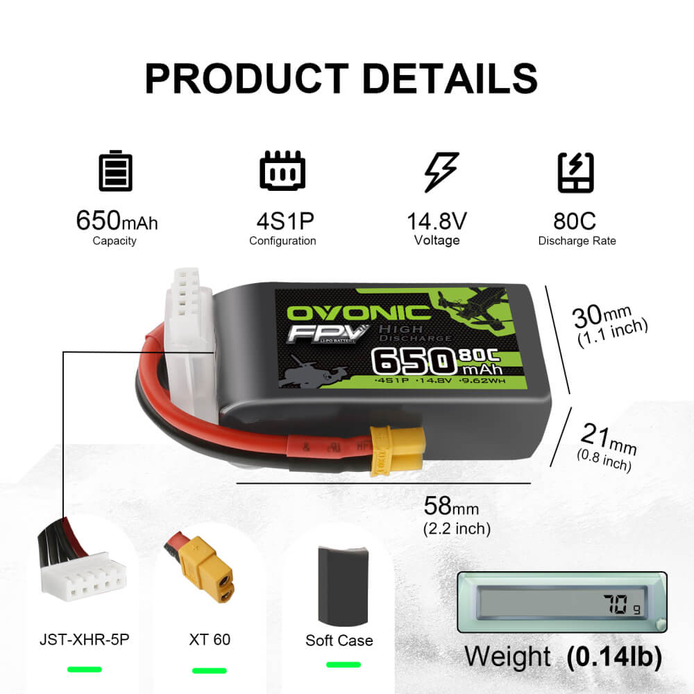 Ovonic 14.8V 80C 650mah 4S Lipo Battery Pack with XT30 Plug