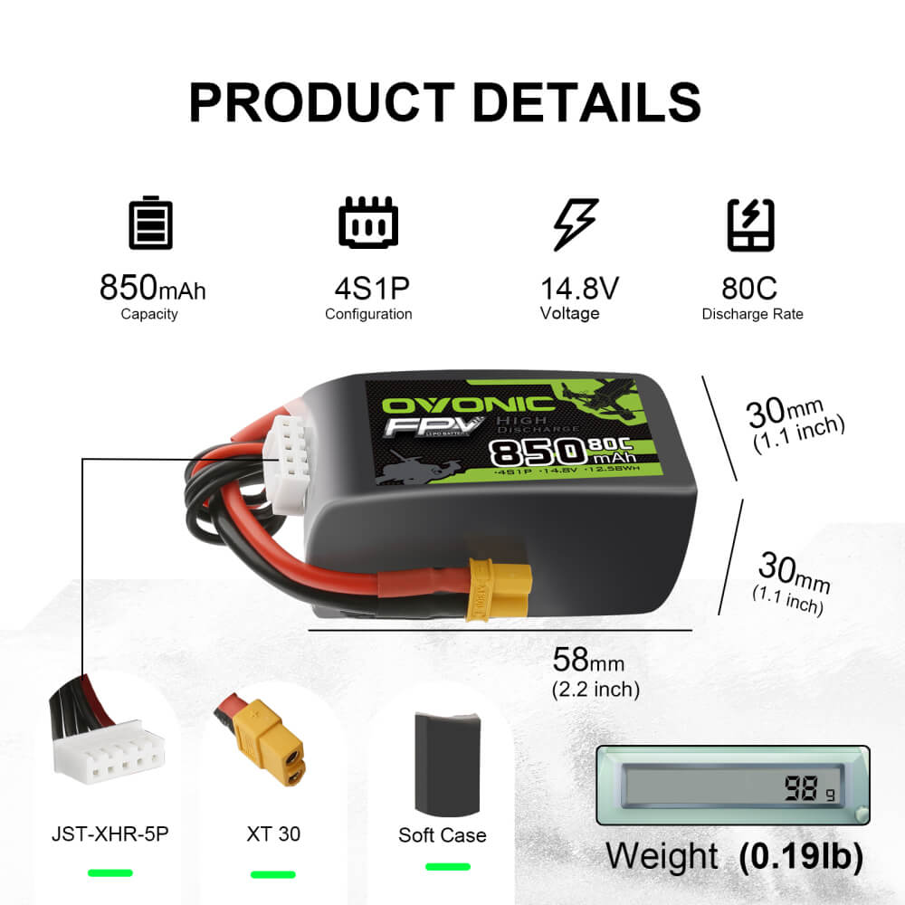 Ovonic 80C 14.8V 850mAh 4S Lipo Battery for FPV